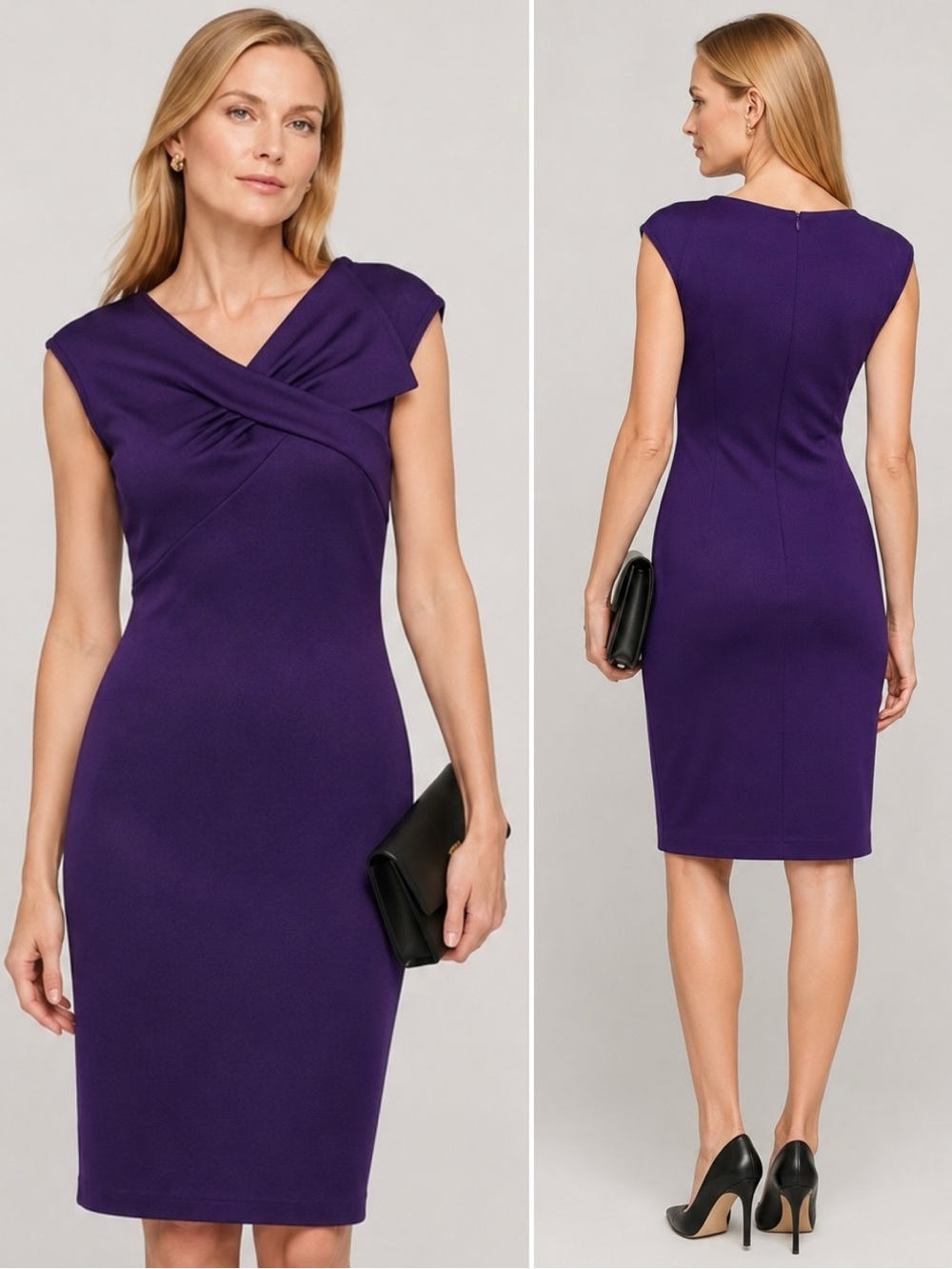 St. John Santana Knit Sheath Dress Purple Sz 0 Asymmetrical Neck